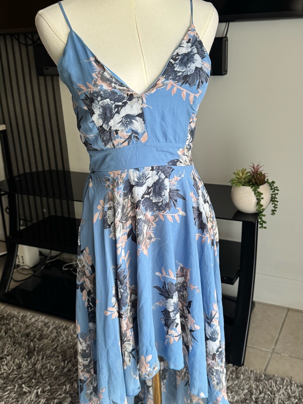 Blue Floral V-Neck Spaghetti Strap Dress